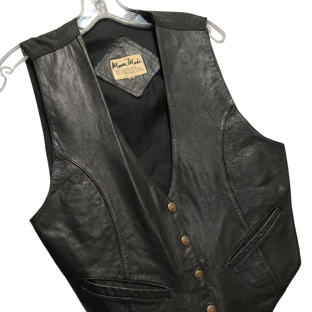 Vintage Mona Mode Genuine Leather Biker Vest Women's Size M star Button Black‎